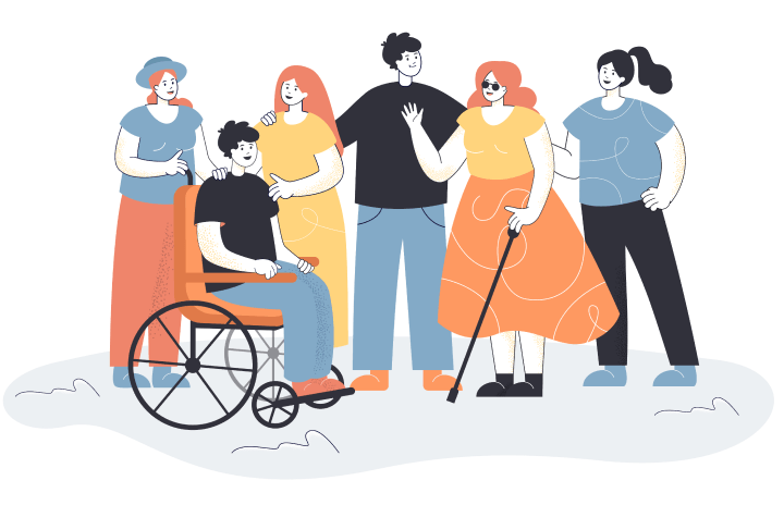 Men and women welcoming people with disabilities